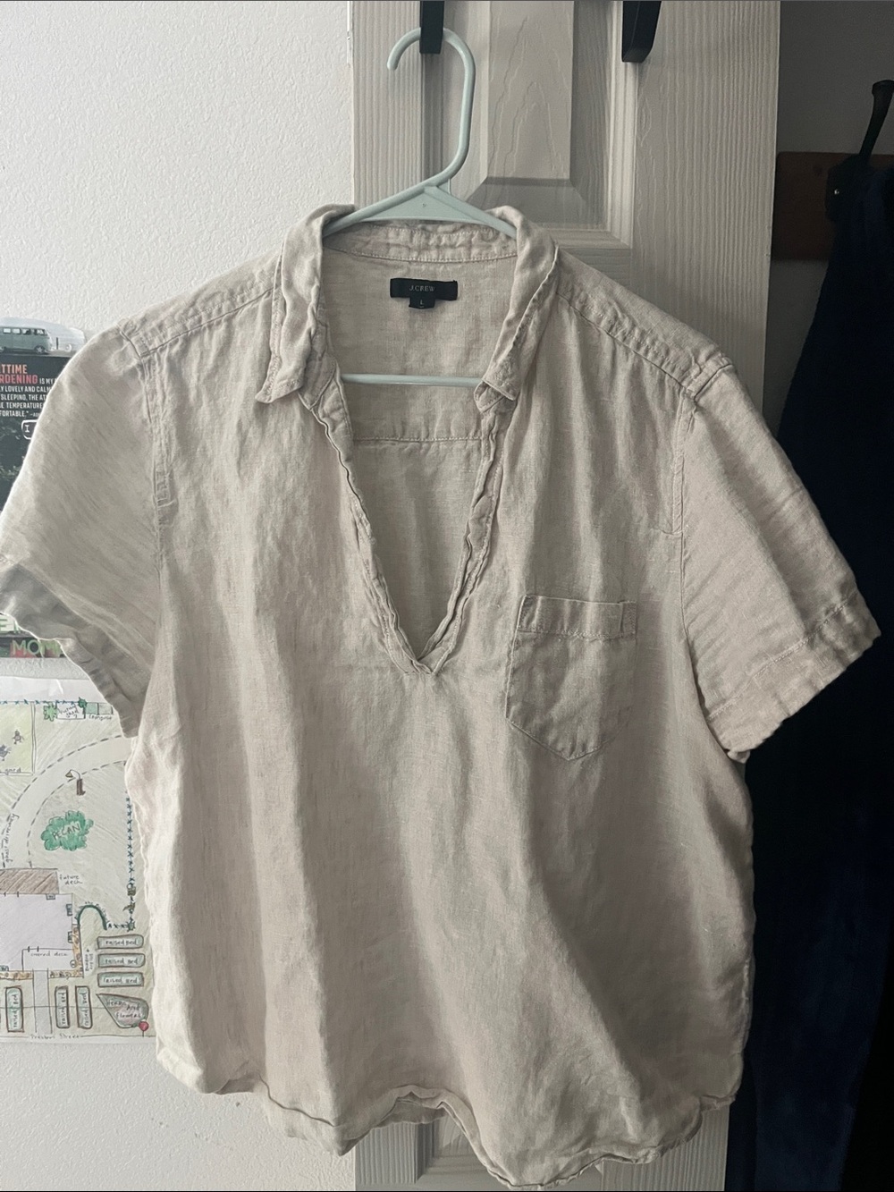 J. Crew Cream Short-Sleeve Linen V-Neck Shirt